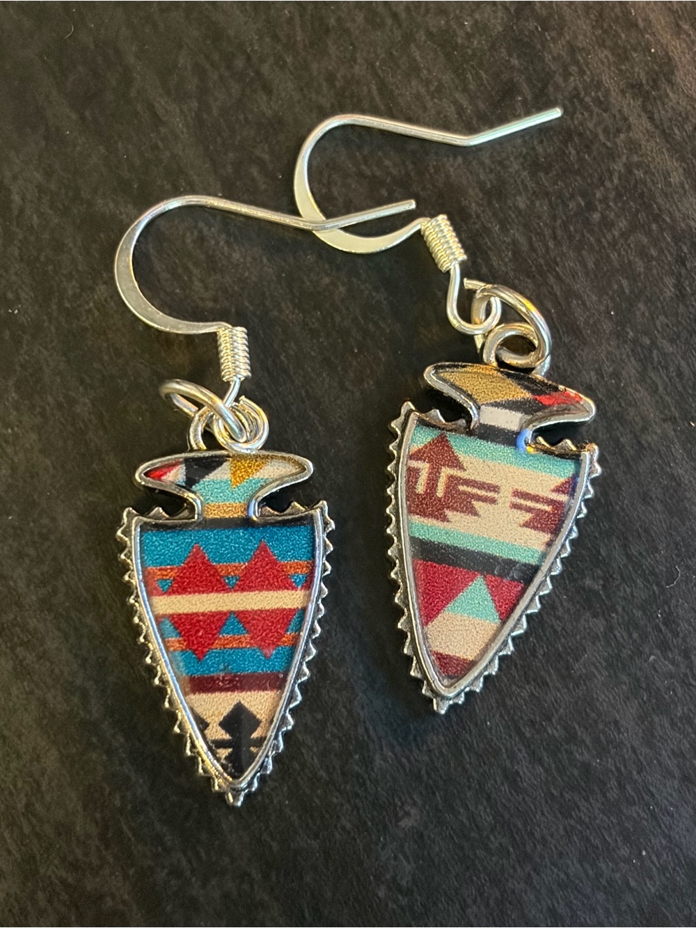 Southwestern Arrowhead Drop Earrings in Turquoise & Red Pattern